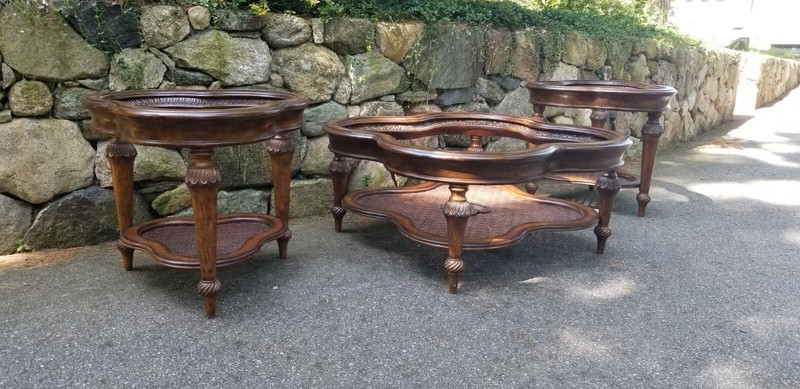 4-leaf clover shaped coffee table glass top, carved wood accented, gallery