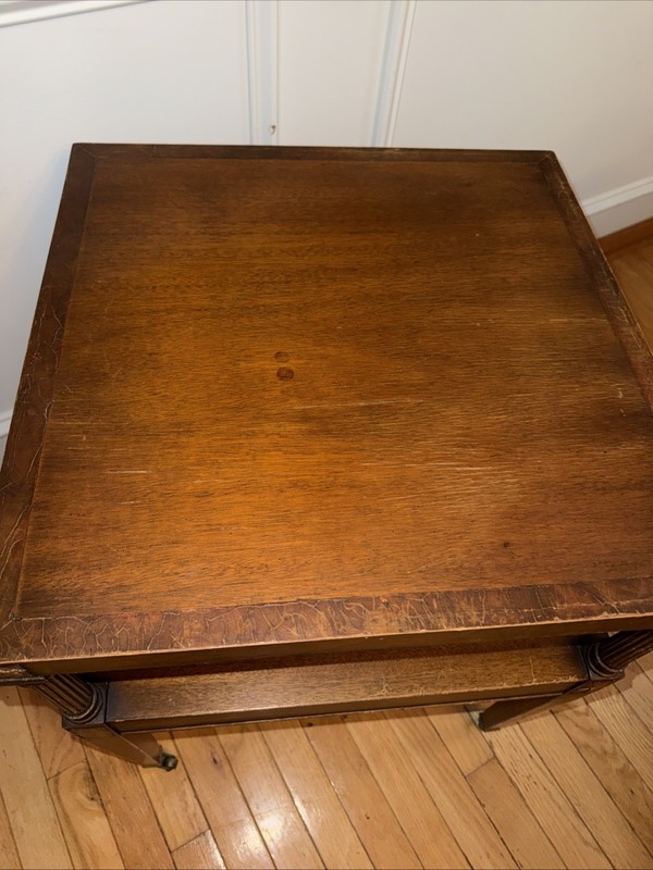 Antique Inlay Wood End Table 20x20x25" Wheel Inlaid Marquetry Read gallery