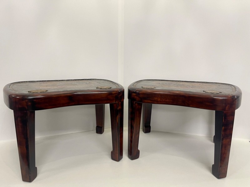 Hardwood Low Tables With An Inset Antique Japanese Leather Saddle Top—A Pair
