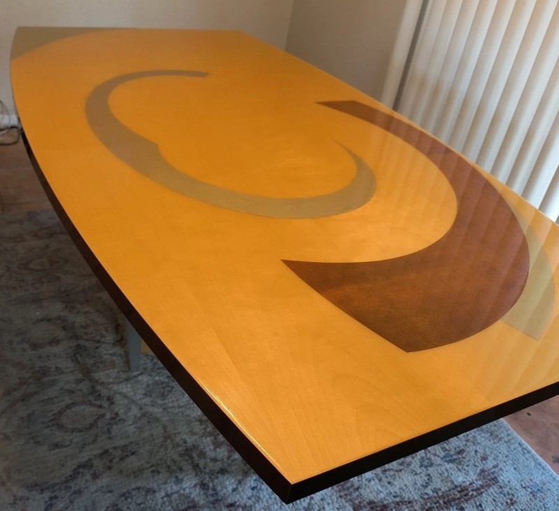 Benjamin Le Signed Postmodern Wood Inlay Dining Table. 1990’s Axi Furniture