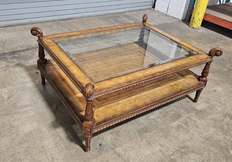 Maitland Smith Glass Top Mahogany & Leather Occasional Cocktail Coffee Table gallery