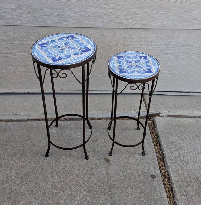 Vintage Set of 2 Blue Mosaic Tile Top Pedestal Tables Plant Stand Wrought Iron gallery