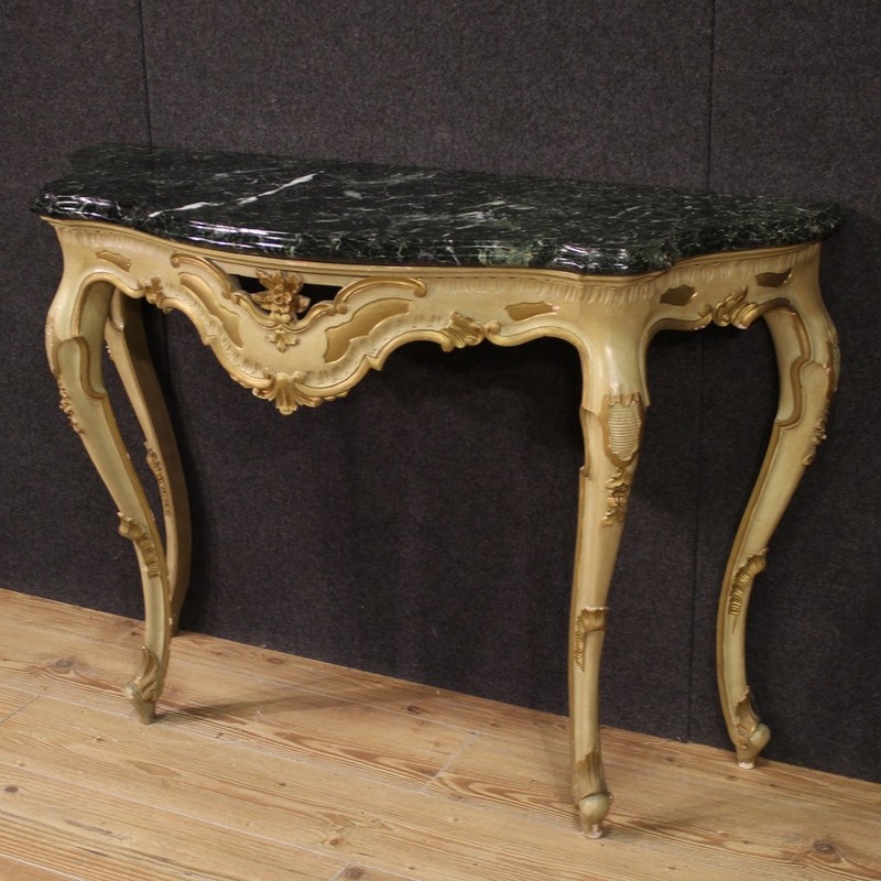 Italian console furniture table in lacquered gilt wood marble top 20th century gallery