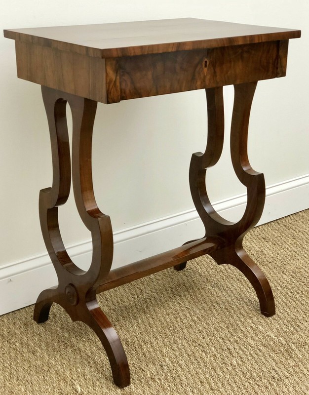 Antique Early 19th c. Austrian Beidermeier Sewing / Work Table w/ Walnut Veneers