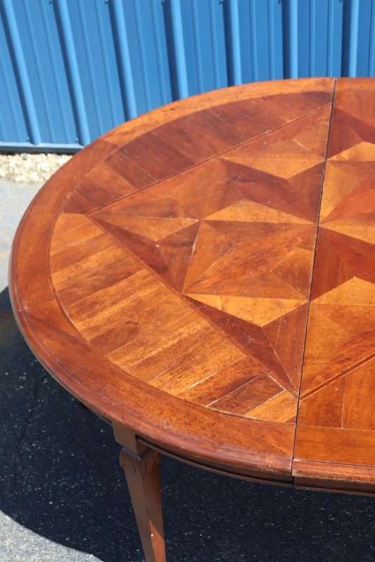 Fine Quality Italian Provincial Paquetry Walnut Dining Table W Leaf gallery