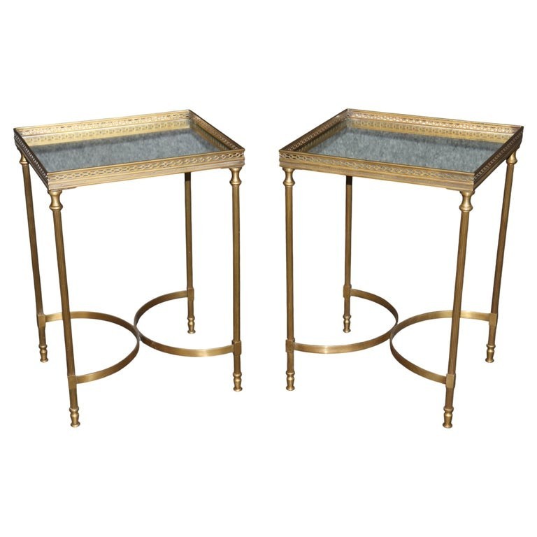 Pair 1960’s Maison Jansen Style Mirrored Top & Brass End Tables