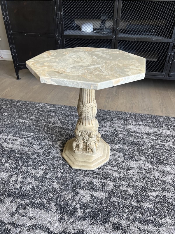 1970’s Side Table With Octagon, Stone, Top And Carved Base ￼