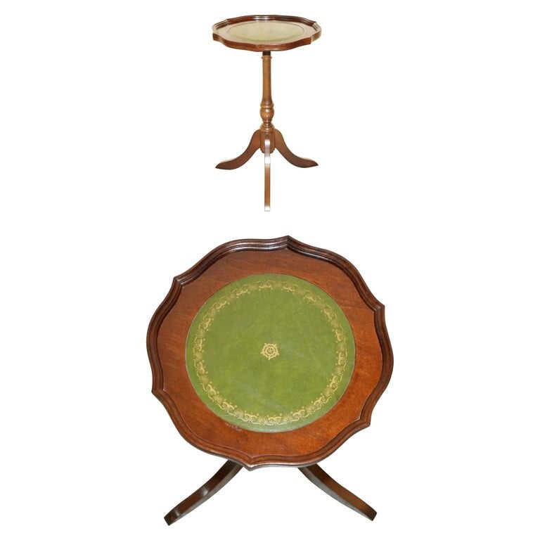 PIE CRUST BRITISH RACING GREEN LEATHER GOLD LEAF TRIPOD SIDE END LAMP WINE TABLE