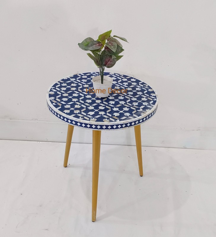 Mother of Pearl Inlay Round Stool Table with Golden Legs – Handmade Accent gallery