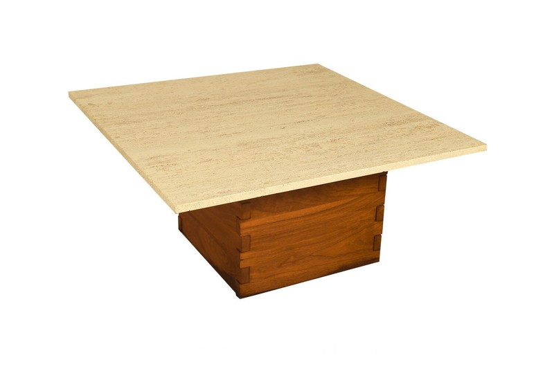 Mid-Century Travertine Walnut Base Coffee Table