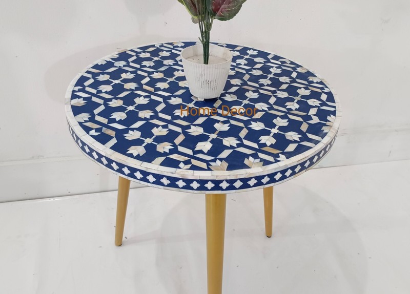 Mother of Pearl Inlay Round Stool Table with Golden Legs – Handmade Accent gallery