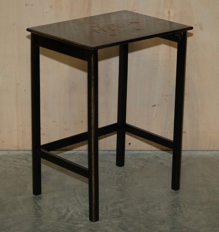 NEST OF THREE CIRCA 1900 CHINESE CHINOISERIE LACQURERED SIDE TABLES HAND PAINTED gallery