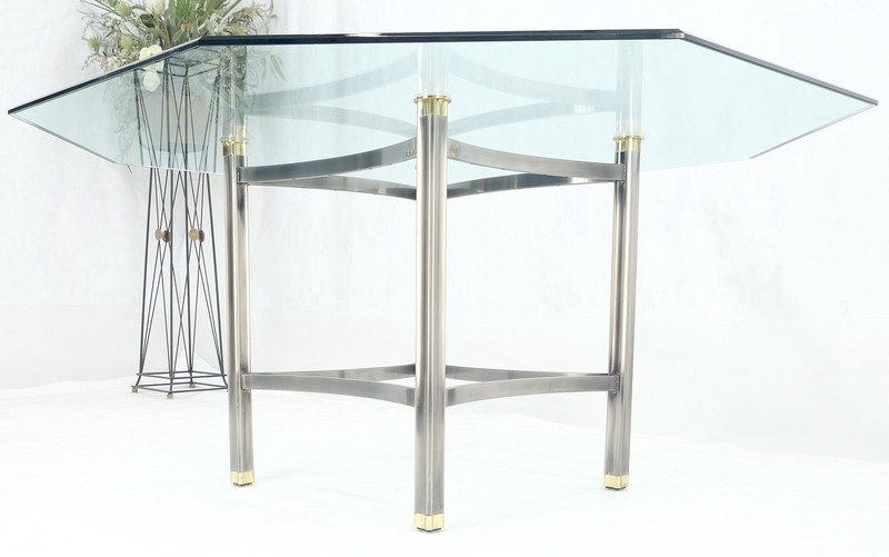 Mid Century Modern 60" Octagon 3/4" bevel Glass Top Brass Base Dining Table MINT gallery