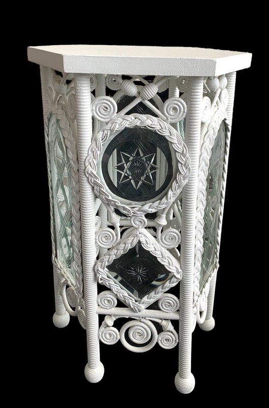Antique Wicker Table ~ leaded & etched glass panels ~ rare ~ 1890s ~ hexagon
