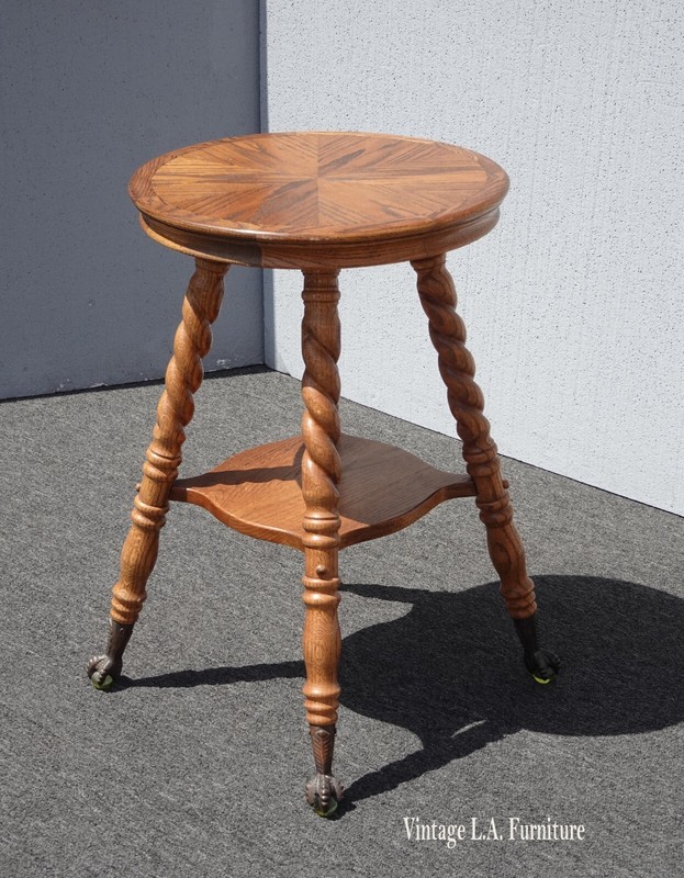 Vintage French Country Oak Barley Twist Side Table 28″H Brass Ball & Claw Feet