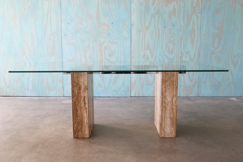 PostModern 1970s Gray Travertine Chrome and Glass Dining Table or Desk Artedi gallery