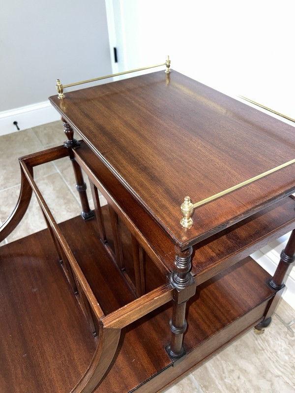 Mid-Century John Scalia Mahogany Canterbury Magazine Rack & Caster Wheels gallery