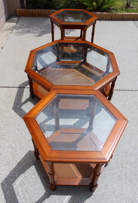 Mid-Century Modern Walnut Octagonal Glass Top & Cane Coffee Table + 2 Matching gallery