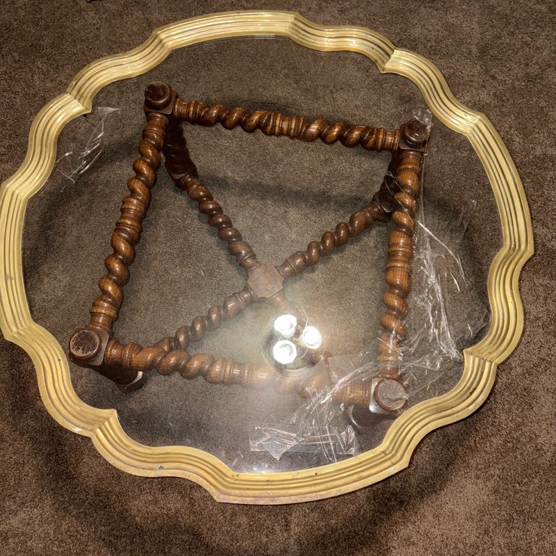 Antique Oak Barley Twist Coffee Table Base Legs W/ Brass & Glass Top Needs TLC