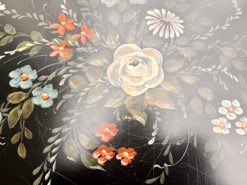 Antique Hand Painted Signed English Hand Painted Tole Tray Top Coffee Table gallery