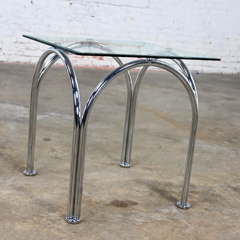 Bauhaus Style Arched Chrome Tube Base Square Beveled Glass Top End or Side Table gallery
