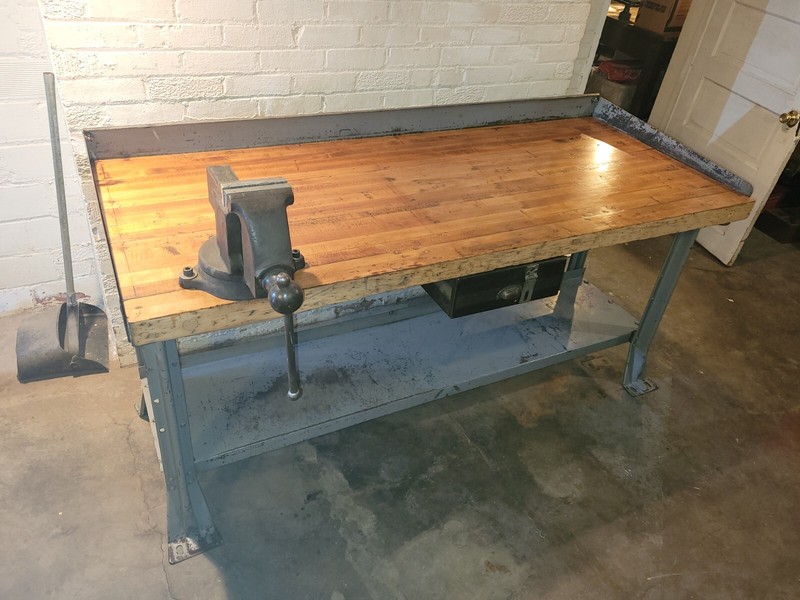 Vintage Industrial Work Bench Butcher Block with Vice 1 Drawer Antique