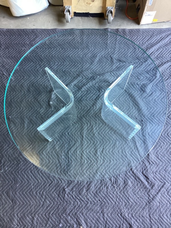 1990’s 42” Round 1” Thick Glass top on Lucite V Pedestals Good Condition