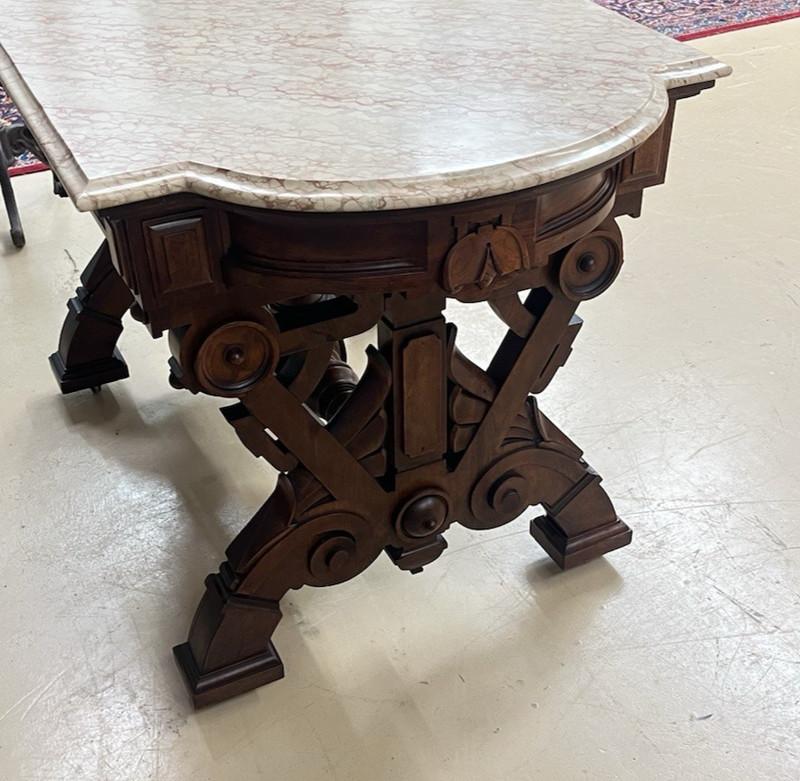 19th C. Victorian Renaissance Revival Carved Walnut Marble-Top Desk 49.5" gallery