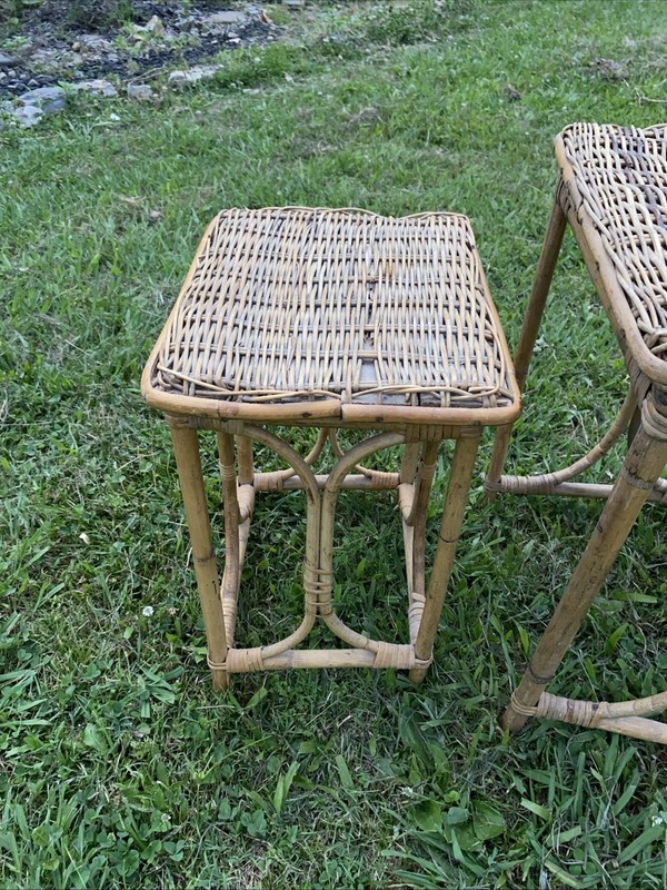 Very Bamboo Rattan Wicker Side NestingTable Rattan Stool Wicker Stand Lot 2 gallery