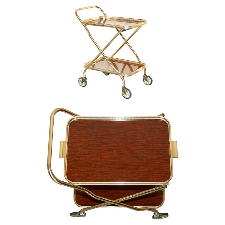 MID CENTURY FOLDING ROSEWOOD BRASS 1950’S DRINKS TROLLEY WITH REMOVABLE TRAYS
