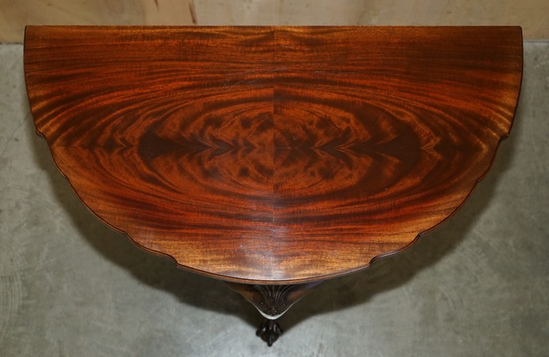 FLAMED MAHOGANY THOMAS CHIPPENDALE STYLE DEMI LUNE CLAW & BALL CONSOLE TABLE gallery