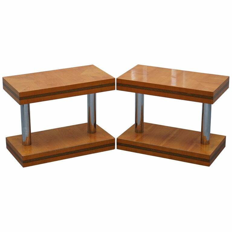 PAIR OF MID CENTURY MODERN CHROME PLATED & SATINWOOD SIDE END WINE LAMP TABLES