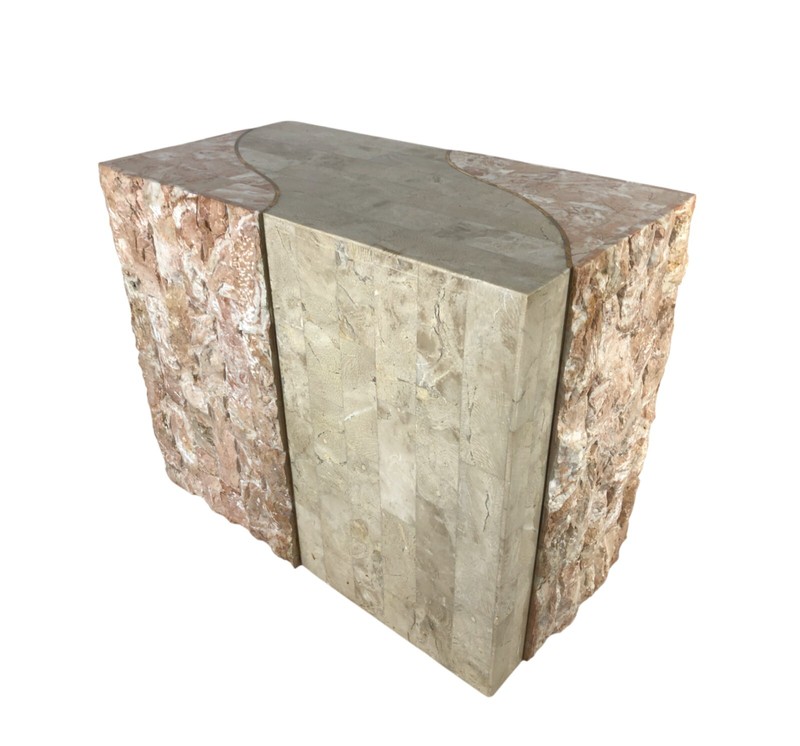 2 MCM MAGNUSSEN FURNITURE Tessellated Marble Stone Brass + Glass Side End Tables gallery