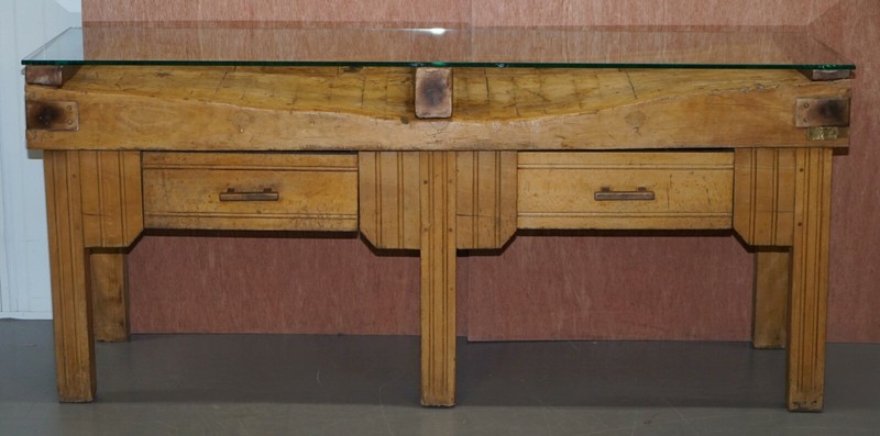 RESTORED CIRCA 1920'S HENNES FRANCE BUTCHERS TABLE BRONZED MOUNTS GLASS TOP gallery