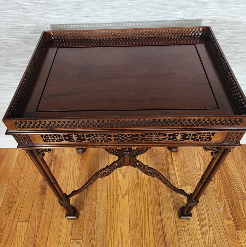 Chinese/Asian Chippendale Style Wood-Carved Fretwork Tea Table gallery