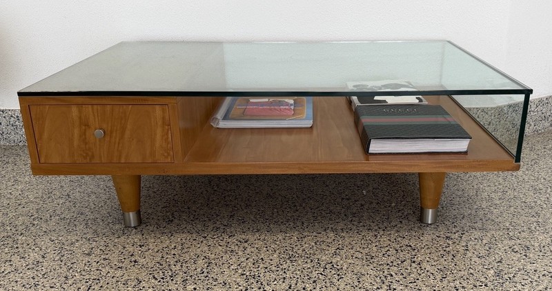 Ethan Allen Mid Century Modern Walnut/Glass Coffee Table gallery