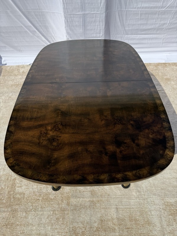 Mastercraft Walnut Dining Table With Brass legs And 2 X 20 Inch Leafs.