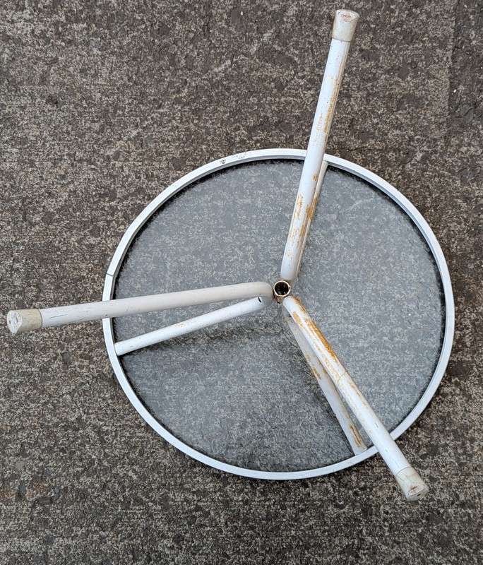 Vintage Old White Painted Metal Patio Table Round Circle with Textured Glass Top gallery