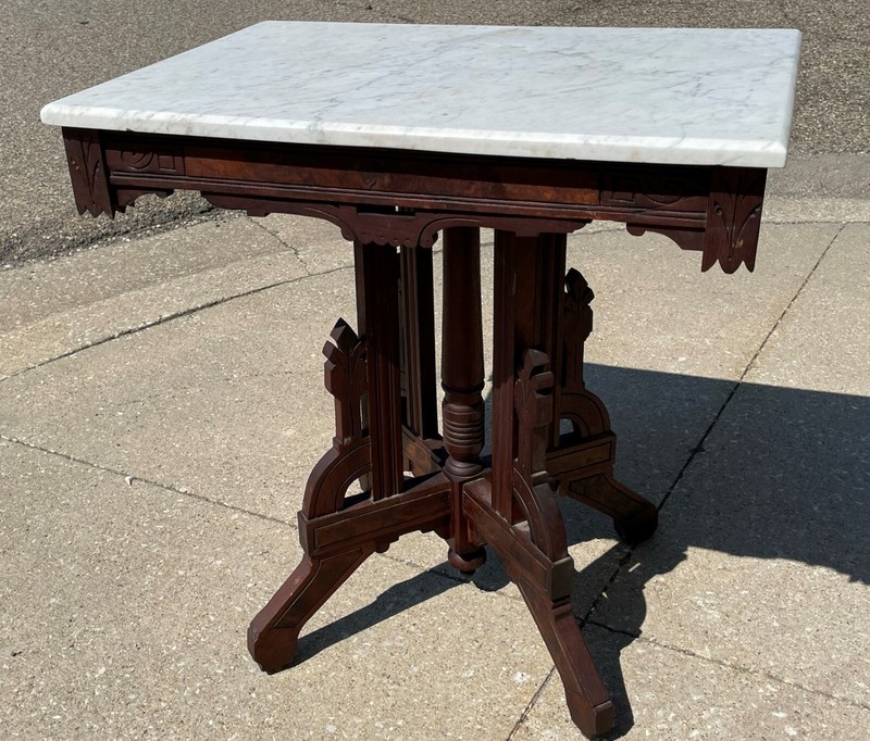 Antique Victorian Gothic Italian White Marble Top Burl Mahogany Wood 29" Table gallery