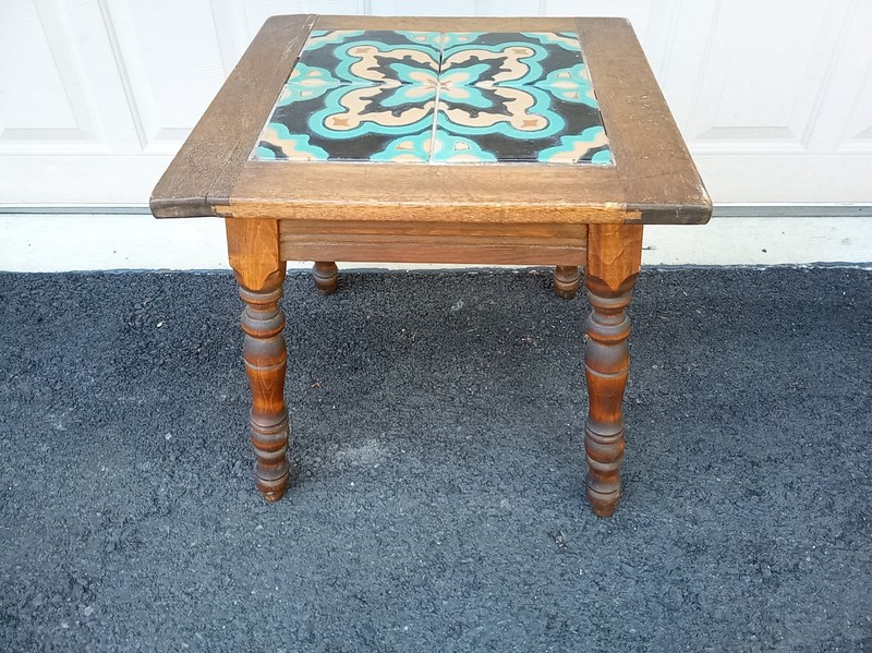 Vintage 40s Mexican tile top wood table 17.5 x 17 x 17" gallery