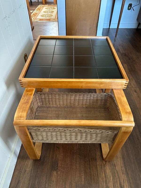 Alvar Aalto Tea Trolley, Artek Tea Cart 900 in Birch with black tile and Rattan gallery