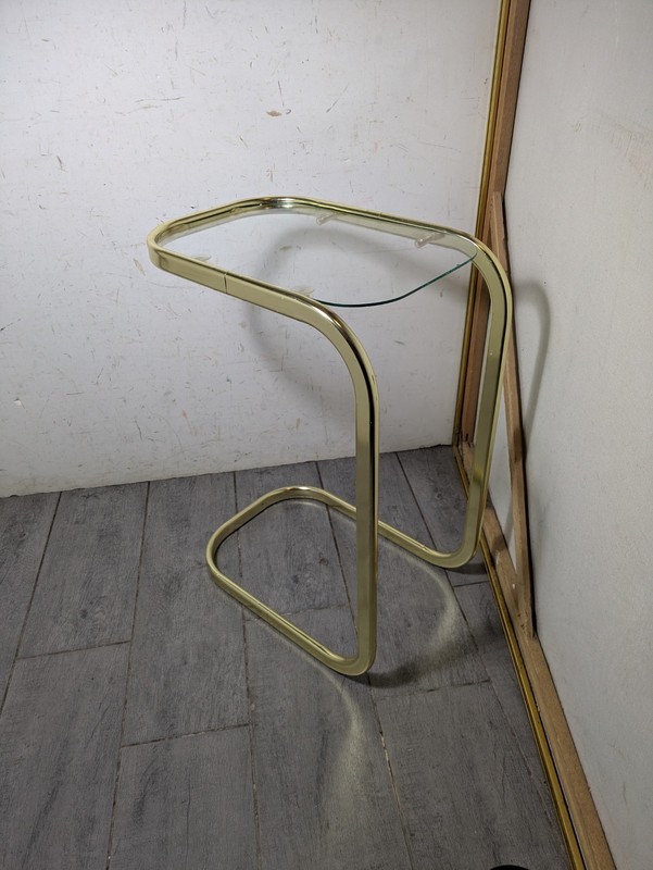 Vintage MCM Milo Baughman Style Brass Tone Cantilever Table Glass Top K87 gallery