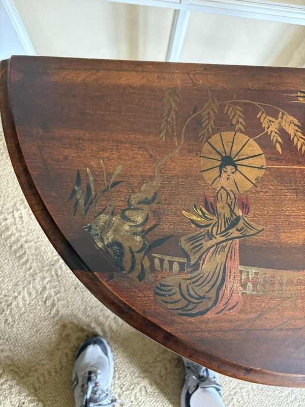 Vintage Asian Motif Demilune 1/2 Round Entry Hall Wood Table gallery
