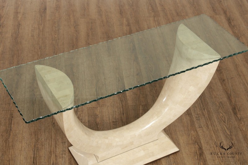 Organic Modern Tessellated Faux Stone and Glass Top Console Table gallery