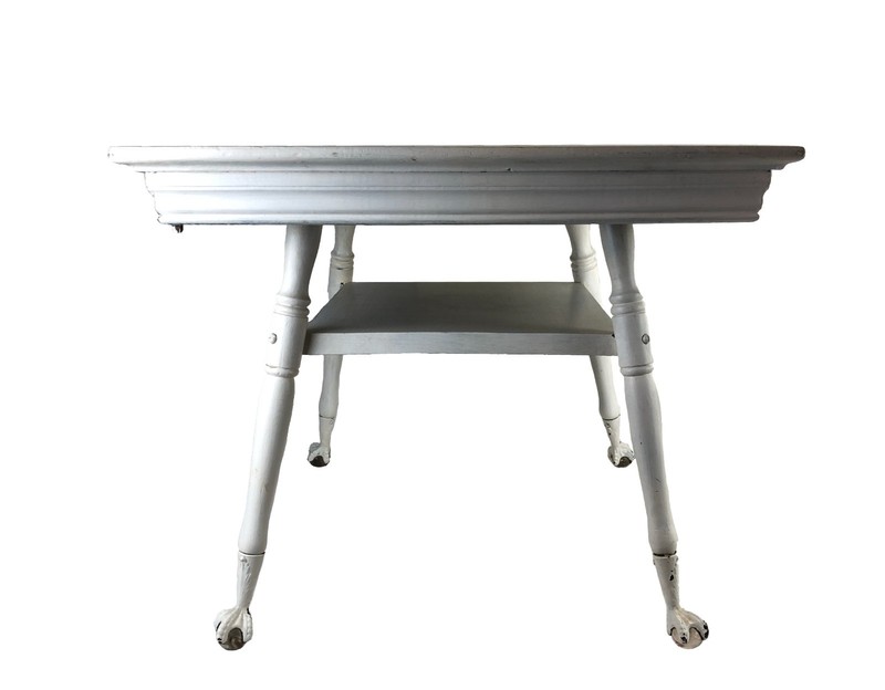 Vintage Parlor Table w/ Marble Talon Glass Feet 1900's Whitewashed w/ Shelf gallery