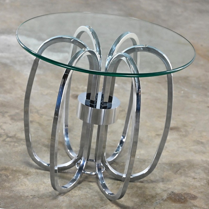 MCM to Modern End or Side Table Barrel Shaped Chrome Base & Round Glass Top gallery