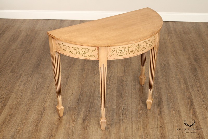 Adam Style Pair of Paint Decorated Demilune Console Tables gallery