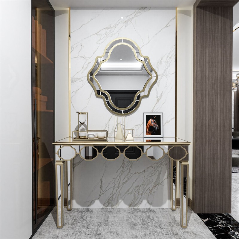 1.2m Ultra Long Mirrored Console Table Gold Rim Lantern Pattern Entryway Table gallery