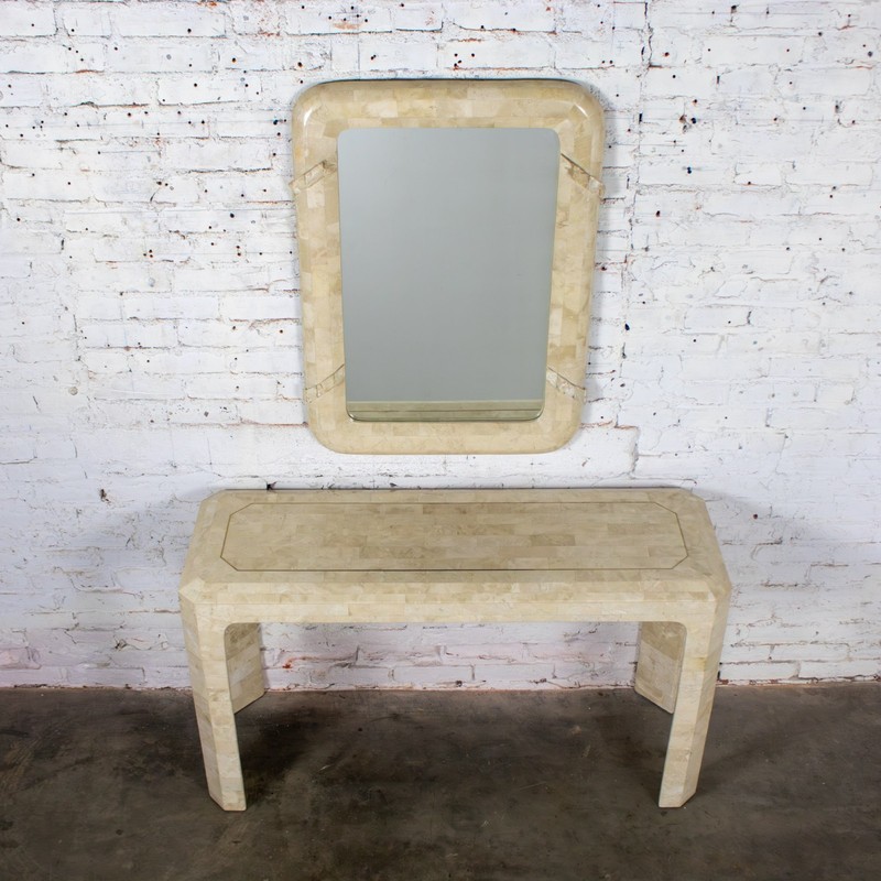 Modern Tessellated Travertine Console or Sofa Table & Wall Mirror Set Philippine gallery
