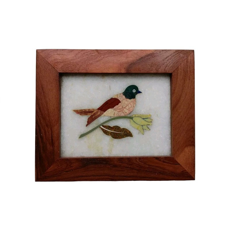 Handmade Colorful Bird Inlayed on Marble Pietra Dura Plaque Micro Mosaic #24 gallery
